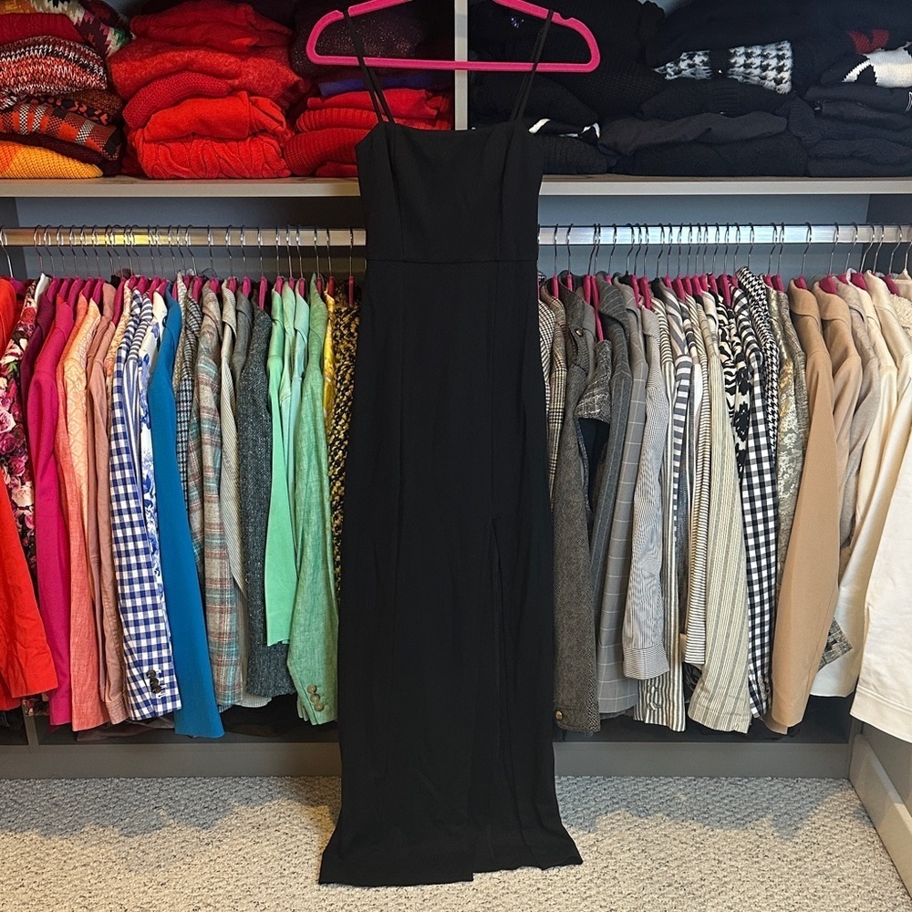 NBD black adjustable strap back zipper front slit maxi dress size XXS NWT